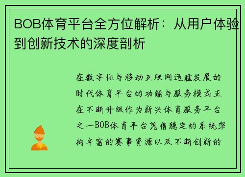 BOB体育平台全方位解析：从用户体验到创新技术的深度剖析