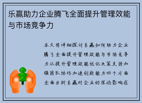 乐赢助力企业腾飞全面提升管理效能与市场竞争力