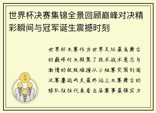 世界杯决赛集锦全景回顾巅峰对决精彩瞬间与冠军诞生震撼时刻